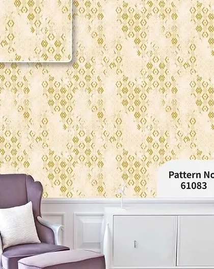 A room mockup with a beige wallpaper featuring a small, embossed geometric pattern with gold accents.