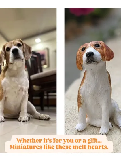 The magic of turning a photo into a 3D sculpture. This beagle miniature was created from a customer's photo, capturing its posture and expression in clay.