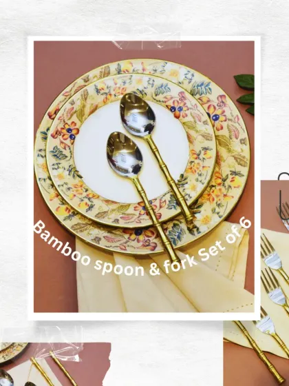 This bamboo-inspired spoon and fork set in a gold finish adds a touch of nature-inspired elegance to your dining table.