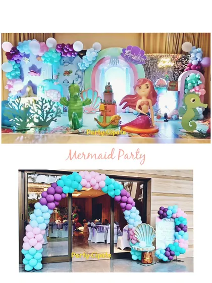 A collage showing a complete mermaid party setup. It includes the main stage with mermaid and sea creature cutouts, and the entrance arch with a shell-shaped welcome sign.