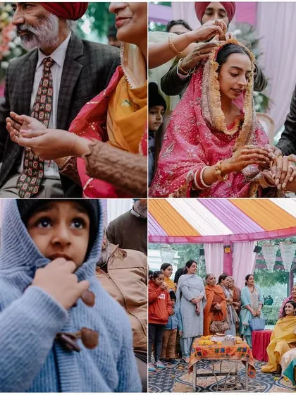 A collage capturing the beautiful and emotional moments of a Punjabi pre-wedding ritual. The focus is on family, tradition, and the changing seasons.