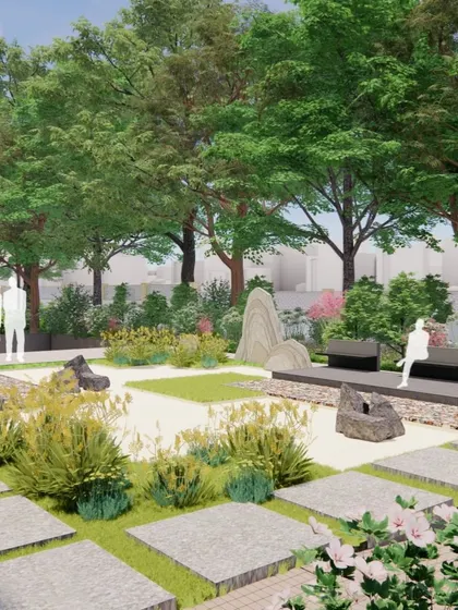 This render illustrates a Zen-inspired garden with minimalist seating, natural rock features, and carefully placed pavers. It's a key tool for us to communicate a specific mood and style to our clients before implementation.