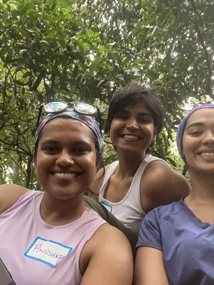 Smiles all around. Three participants take a selfie during a break at our 42nd Intro Workshop. These events are as much about making new friends as they are about learning to climb.