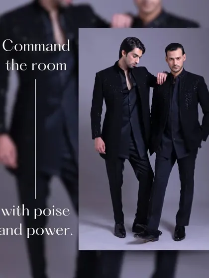 Command the room with poise and power. This image of two models in coordinated black Indo-Western outfits showcases the strength and confidence of a well-tailored ensemble.