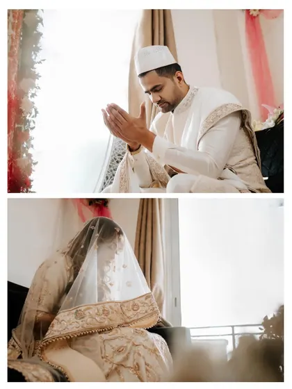 A diptych showing the groom praying and the bride under her veil, capturing the parallel moments of devotion during their Nikah.