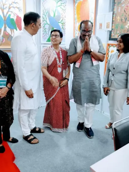 Our student, Harinder ma'am, receiving visitors at her booth during The Haat of Art exhibition. It was a wonderful experience for her to get appreciation for her work.