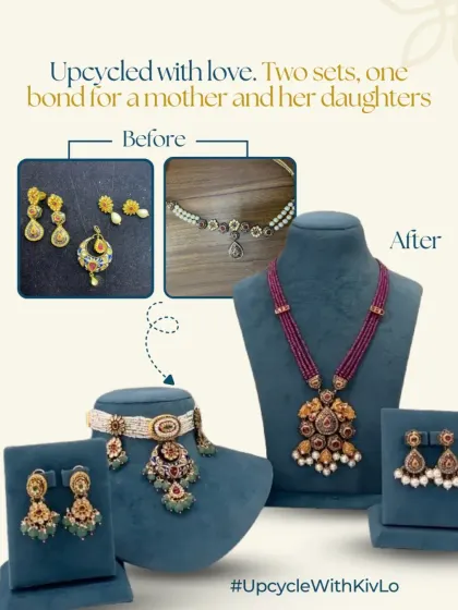 Upcycled with love for a mother and her daughters. We took two old sets and created two distinct new sets, a choker and a long pendant set, keeping their individual styles in mind.