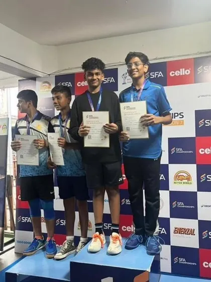 The U-15 doubles winners on the podium at the SFA Championship held at Andheri Sports Complex.