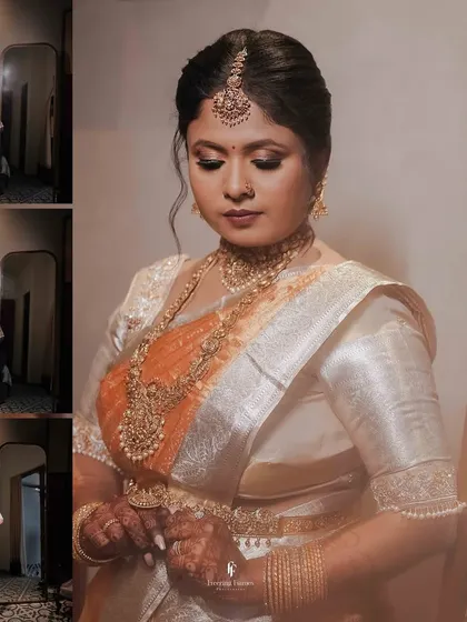 A multi-panel image showcasing the new mother getting ready for the naming ceremony. The main portrait is a stunning close-up, highlighting her traditional jewelry and serene expression.