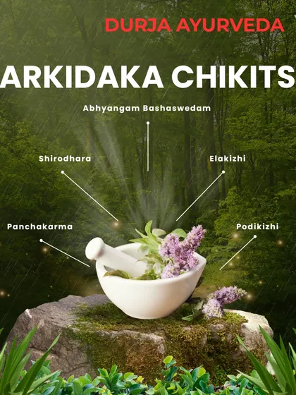 A mortar and pestle with fresh herbs symbolizes the foundation of our Karkidaka Chikitsa. We offer a range of therapies including Panchakarma, Shirodhara, and Elakizhi to restore balance.