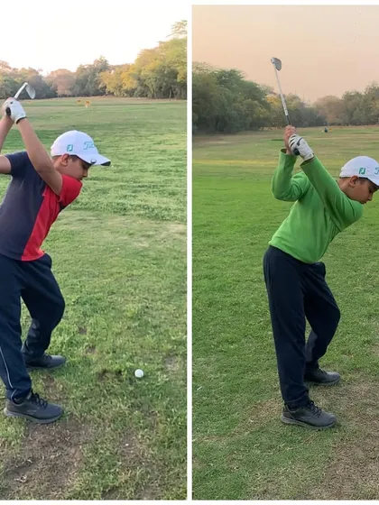 A still image comparing the top of the backswing, showing a more connected and powerful position in the "after" swing.