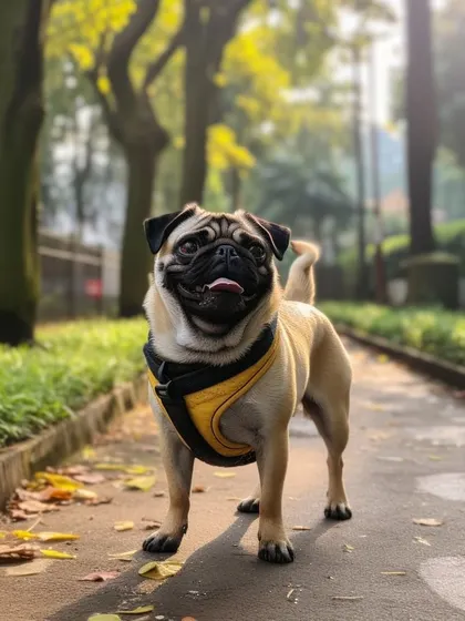Looking sharp in his harness, this pug is ready for his neighborhood exploration. We always use safe and comfortable walking gear.