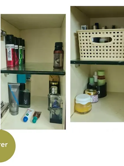 A small cabinet in the dressing area, now neatly organized with perfumes and other toiletries sorted into baskets.