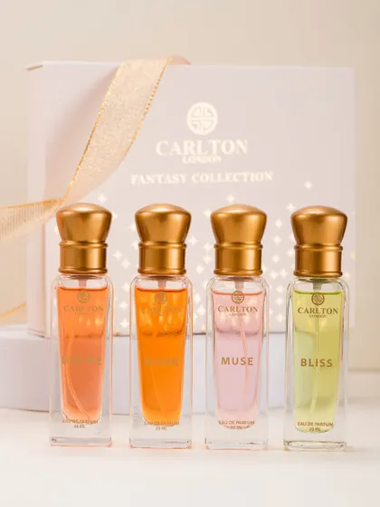 Clean, crisp, and compelling. This shot of the Carlton London perfume collection is a prime example of high-quality e-commerce photography. The lighting is carefully controlled to eliminate harsh reflections and showcase the product's details, ensuring it looks premium and desirable on any digital storefront.