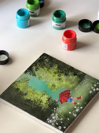 Another angle of the rainy day painting, focusing on the simple, joyful details.