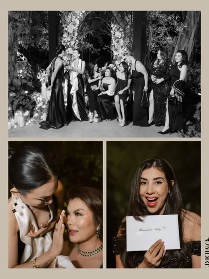 A collage of candid moments from a bachelorette party, from popping champagne to sharing secrets, all happening within the beautiful spaces I designed.