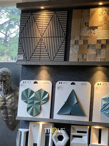 My collection of 3D tiles includes unique shapes like these triangular and star-like forms. They can be arranged in various configurations to create a custom wall sculpture that reflects your personal style.