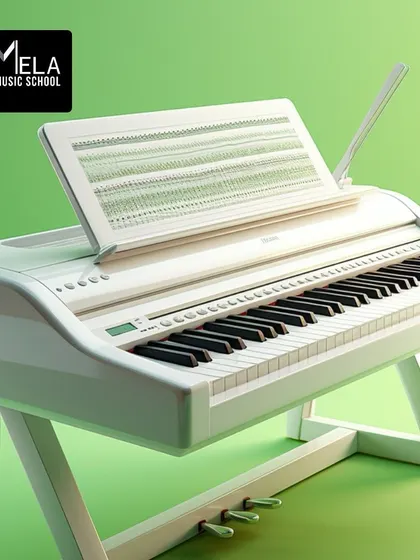 This digital piano showcases the type of quality instrument students can learn on. We teach skills that are transferable between digital and acoustic pianos.