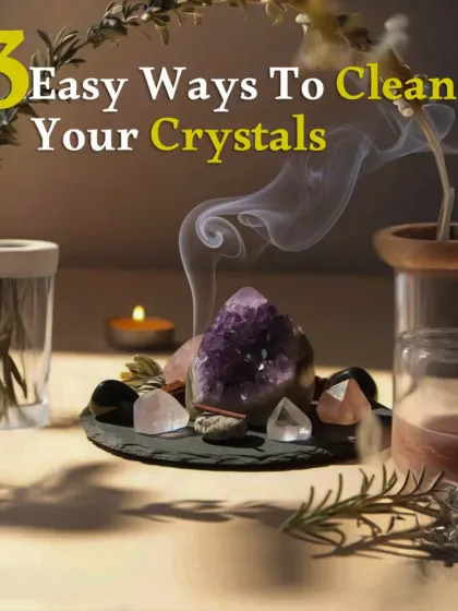 This carousel explains three easy ways to cleanse your crystals to keep their energy pure. You can use smoke from sage or incense, charge them under the moonlight, or use the vibrations from sound healing bells or mantras.