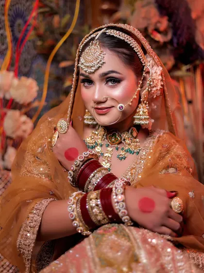 A close-up shot that brings out the bride's happiness. Her direct, smiling gaze and the traditional red and white bangles add a classic touch to her modern golden look.