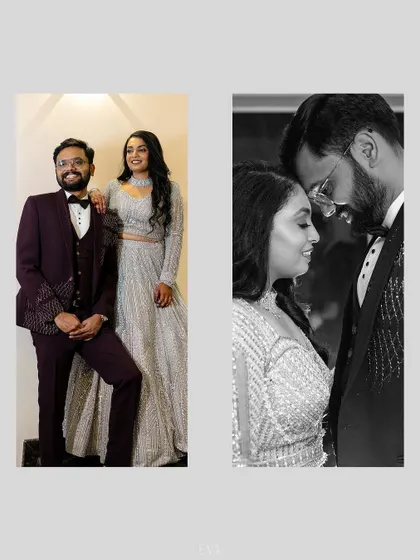 A stylish collage with a full-length color photo and an intimate black and white portrait, perfect for a modern wedding album.
