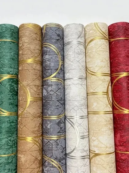 A lineup of six different color options for the art deco scallop wallpaper, including green, brown, grey, and red.