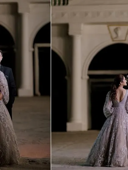 A two-panel shot showing the couple in both a full-length and a three-quarter portrait. This highlights the bride's beautiful gown and their elegant poses.