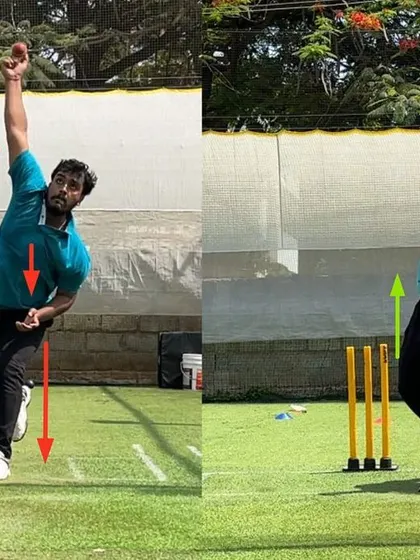 A clear demonstration of correcting a body collapse at release. The 'after' image shows a much more powerful and upright position, which is crucial for an off spinner to get turn and bounce.