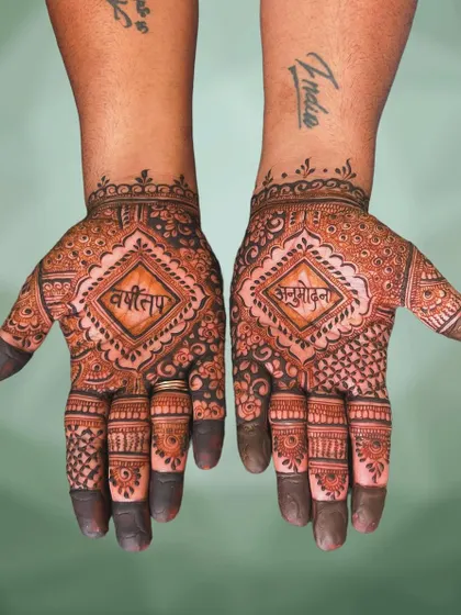 This design was created for the Jain observance of Varshitap Anumodana. The palms feature the sacred words "वर्षी तप" and "अनुमोदना" in Devanagari script, set within a clean, geometric pattern that is both beautiful and respectful.