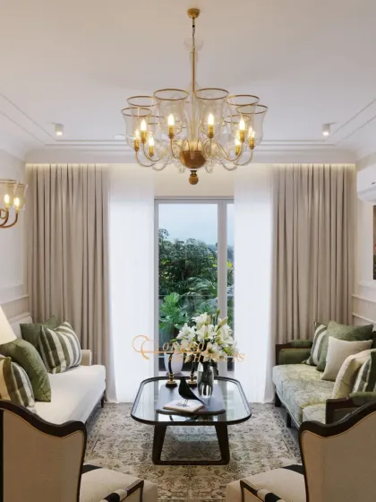 A full view of the symmetrically arranged drawing room, showcasing the balance of colors and forms that create a timeless and harmonious space.