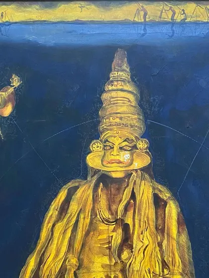 A duplicate image of the 'Kathakali' painting by Aditya Basak, used to promote a no-reserve auction. The striking imagery is highly effective in capturing the attention of potential bidders.