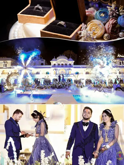 A collage from a grand destination engagement in Jaipur, showing the rings, fireworks, and the couple's portraits.