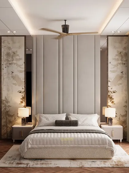 The full view of a master bedroom render for ATS Rhapsody, showing the balance between the quilted feature wall, the wallpaper panels, and the spacious layout. 3D views ensure the proportions and design elements work harmoniously.