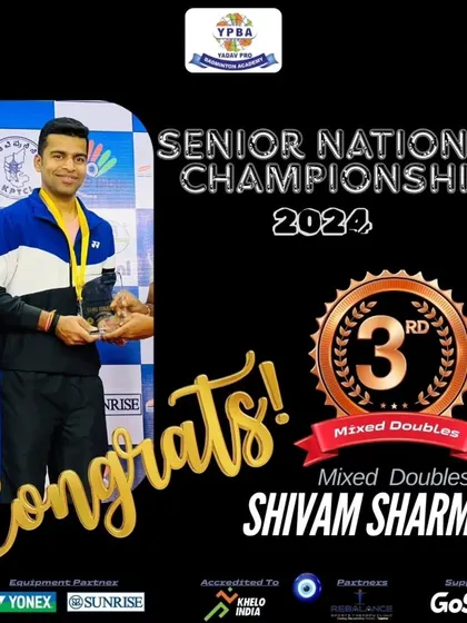 Shivam Sharma securing a Bronze medal in Mixed Doubles at the Senior National Championship 2024.