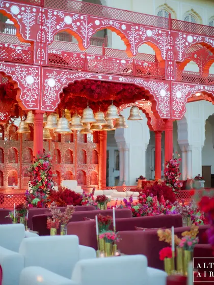 Another perspective of the 'Kaanch Bagh' mandap, showing the layers of detail in the structure and the lush floral arrangements. It was an evening dedicated to love and sacred beginnings.
