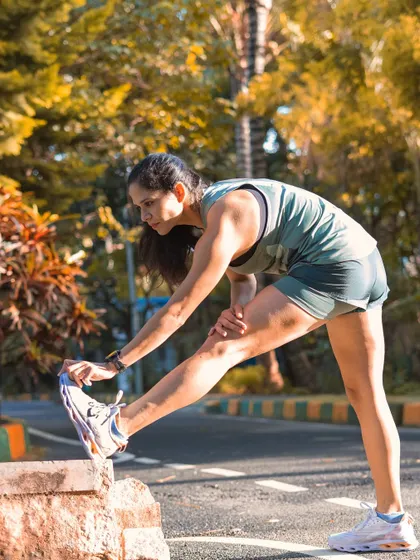 A simple hamstring stretch after a run. Consistent mobility work is essential for preventing injuries. I build short, effective stretching and mobility routines into all my training plans.