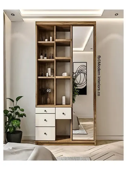 This is a great space-saving solution that combines a wardrobe with a dressing area. The sliding mirror door covers either the open shelving or the hanging space, giving you flexible and hidden storage.