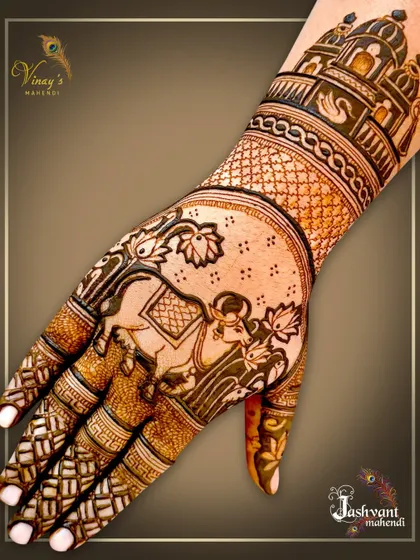 A collection of designs featuring sacred cows and camels, often surrounded by lotus flowers and architectural elements, perfect for a traditional theme.
