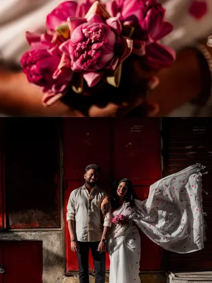 A collage from a pre-wedding shoot against a bold red backdrop, capturing both romantic close-ups and a wide shot with the bride's saree flowing.