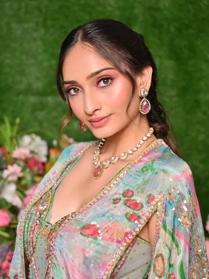 A closer view of the Mehendi makeup, highlighting the clean blending and radiant skin finish achieved by my student.