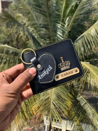 A great Valentine's or anniversary gift, this combo includes a personalized men's wallet and a heart-shaped keychain. I can print a name on the keychain and engrave another on the wallet.