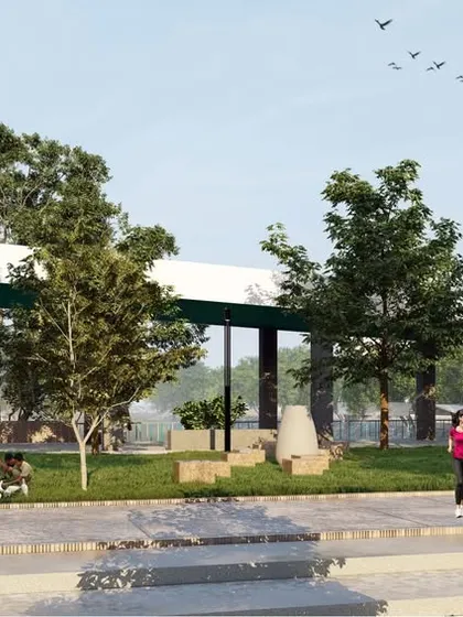 A render showing joggers and pedestrians enjoying the newly designed park pathways, illustrating our goal of creating active and engaging recreational spaces.