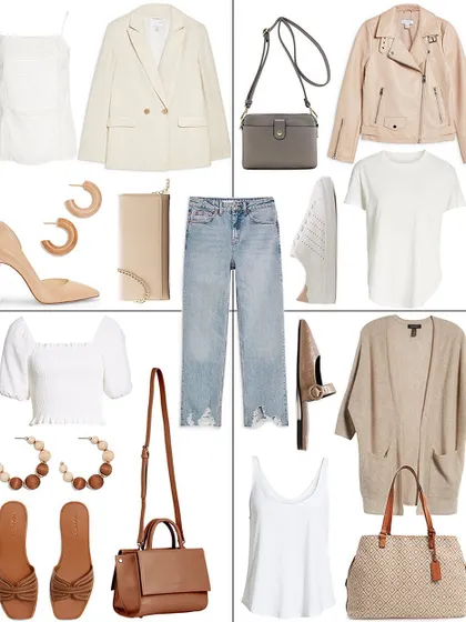 This is how I approach building a versatile wardrobe. Starting with one pair of distressed straight-leg jeans, I've created four distinct looks: a polished office-casual outfit, a weekend look with a moto jacket, a brunch-ready style, and a relaxed everyday ensemble.