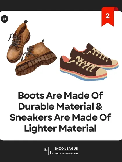 Materials also play a key role. Boots are made of durable materials like leather for protection, while sneakers use lighter, more breathable materials for flexibility and comfort.