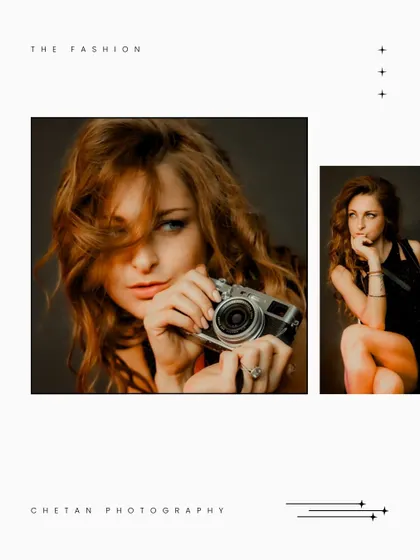 This stylized layout combines a direct, engaging portrait with a candid shot. The use of a vintage camera as a prop adds a playful, meta element to this fashion shoot.