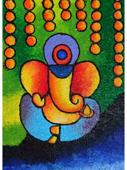 This small 5x7 inch abstract Ganesha painting on a textured canvas is a great gift for housewarmings or festivals. Its vibrant colors bring positive energy to any room.