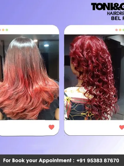 A before-and-after collage showing a transformation to a vibrant, curly red style. This demonstrates how color can enhance and define natural curls.