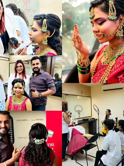 A collage from our Royal Muslim Bride demo, showing the process and the final look. I teach airbrush techniques to achieve the smooth, long-lasting finish required for such intricate looks.