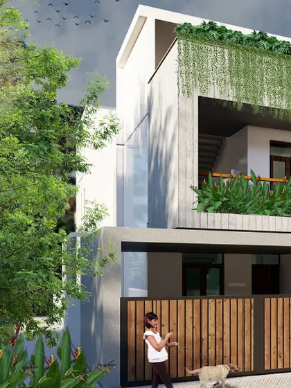 This design option features a clean, minimalist aesthetic with a focus on biophilic elements. A large planter with cascading greenery becomes the focal point of the facade, set against a simple wooden gate and white walls.