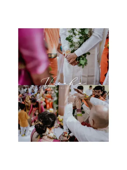 An artistic collage from the wedding ceremony, with the word 'Vivaha' (marriage) elegantly displayed.